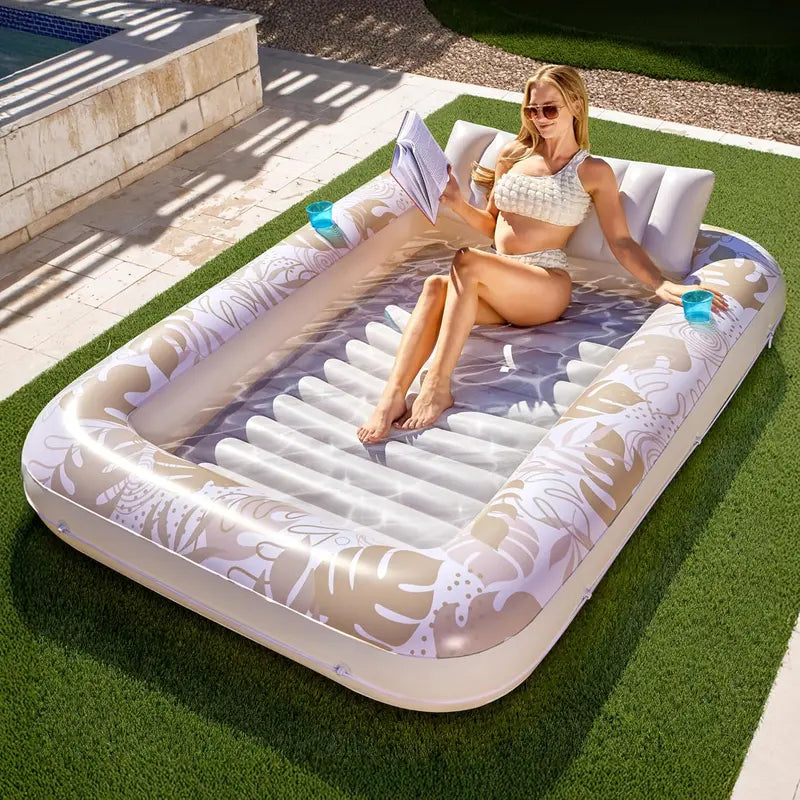 4-in-1 Inflatable Tanning Pool Lounge Float with Cup Holder & Pillow